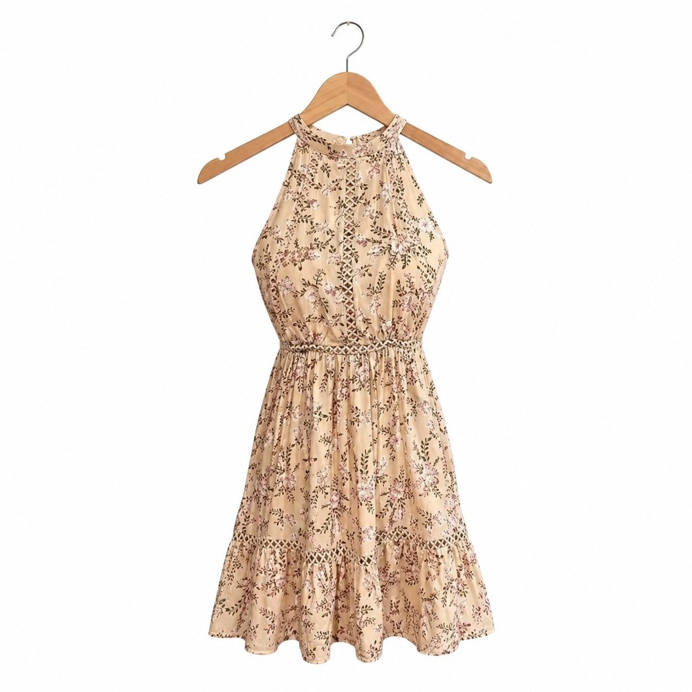 Sunday Mi Amor Halter Floral Mini Dress Tan Boho Crochet Open Back Size M - Picture 2 of 6